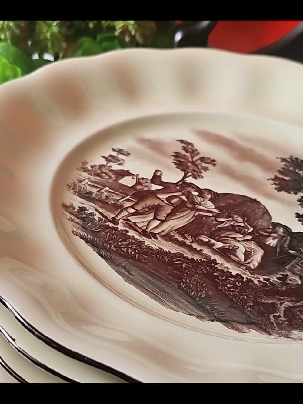 Vintage Beige Dinner Plates with Brown Scenic Transferware, Set Of 2 - Picture 3 of 6